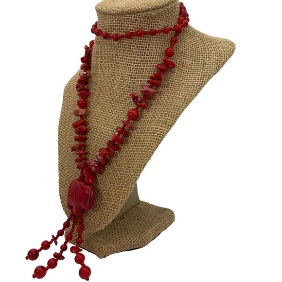 Vintage New Handmade Red Glass Coral Long Necklace Carved Elephant Boho - Picture 2 of 5